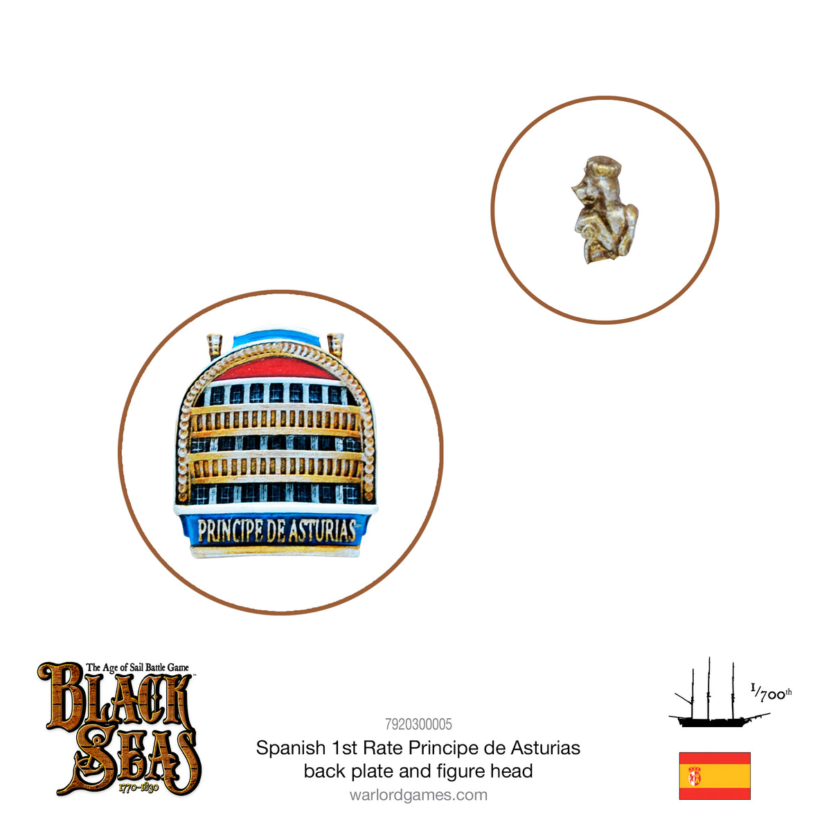 Spanish 1st rate Principe de Asturias back plate and figure head
